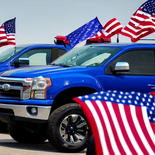 Prompt: photo of big blue biden pickup trucks with american flags on them.