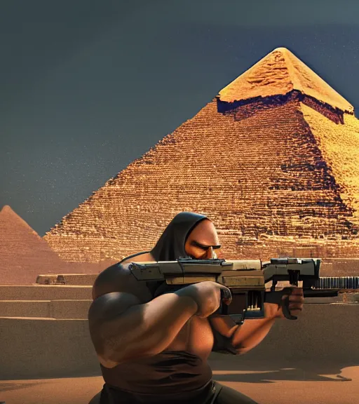 Prompt: a beefy man with a machine gun, egyptian pyramid in the background, 4 k, sharp focus, illustration, highly detailed, cinematic, photorealistic, cyberpunk