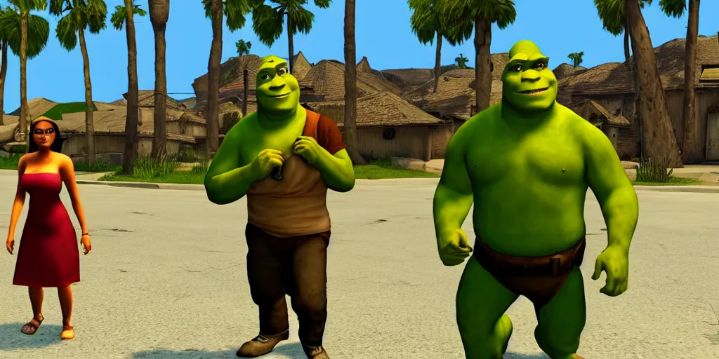 Prompt: Shrek and fiona in GTA San Andreas, cinematic shot, highly detailed, 4k