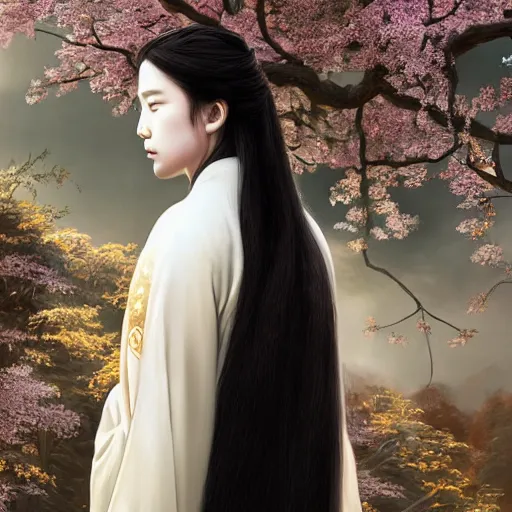 Image similar to a portrait of a young beautiful prince, golden eyes, long black hair, white hanfu, elegant, intricate, backlit, incredible lighting, strong rim light, subsurface scattering, photorealistic, epic beautiful landscape, cherry trees, highly detailed, digital painting, by Heise Jinyao, Heise-Lian Yan Fang, Feimo, Rossdraws, HDRI, vivid colors, high contrast, 8k