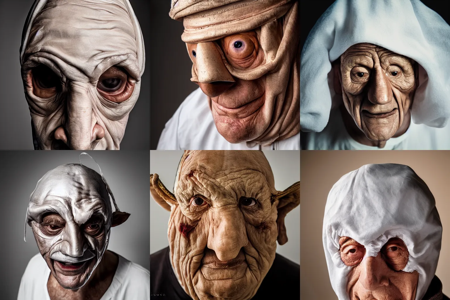Prompt: portrait photo of wrinkled man wearing a pulcinella mask, studio photography, diffuse light, closeup, sharp focus, clear eyes, photo by annie leibovitz