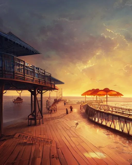 Prompt: marmalade sky with boardwalk along the ocean, trending on artstation, cgsociety, polycount, illustrated by greg rutkowski, intricate, detailed