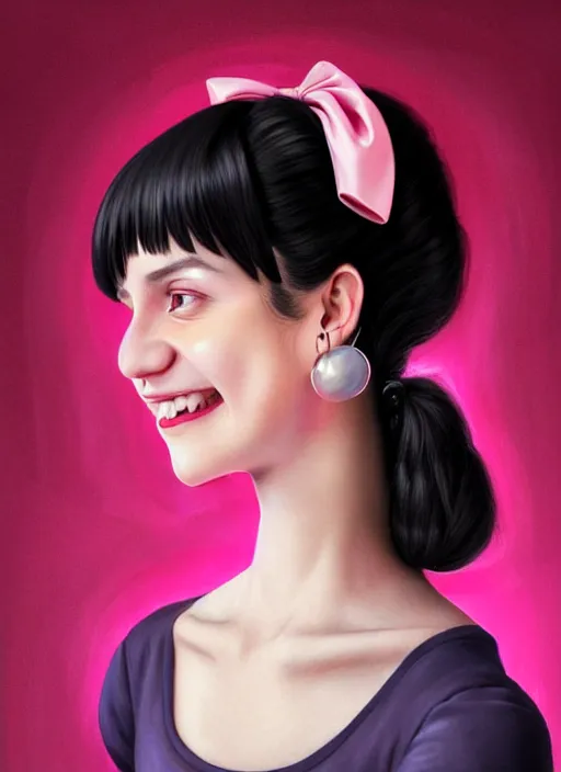 Image similar to portrait of high school girl, realistic, black hair, bangs, half updo hairstyle, pointy nose, skinny, smile, ugly, defined jawline, big chin, pink hair bow, earrings, intricate, elegant, glowing lights, highly detailed, digital painting, artstation, sharp focus, illustration, art by wlop, mars ravelo and greg rutkowski