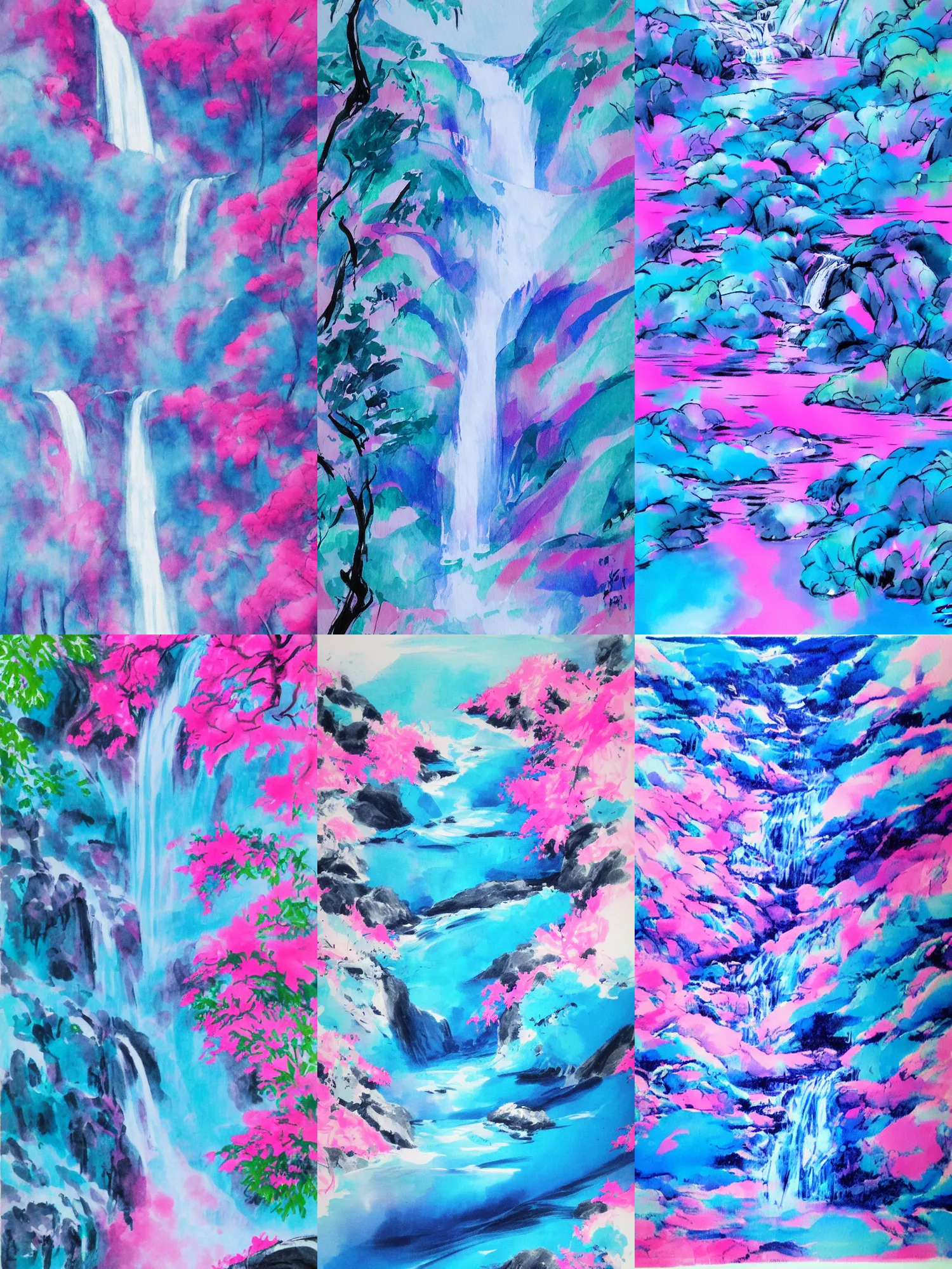 Prompt: an endless waterfall, blue and pink colour splash, painted with a thin brush, detailed sumi-e illustration