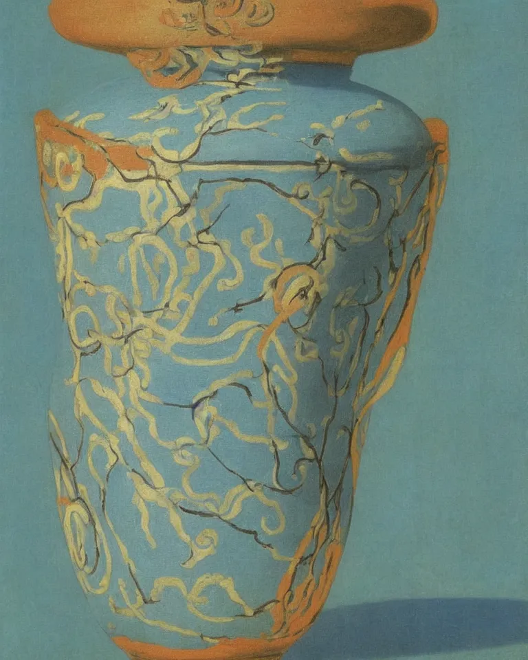 Image similar to achingly beautiful print of painted ancient greek vase on baby blue background by rene magritte, monet, and turner.