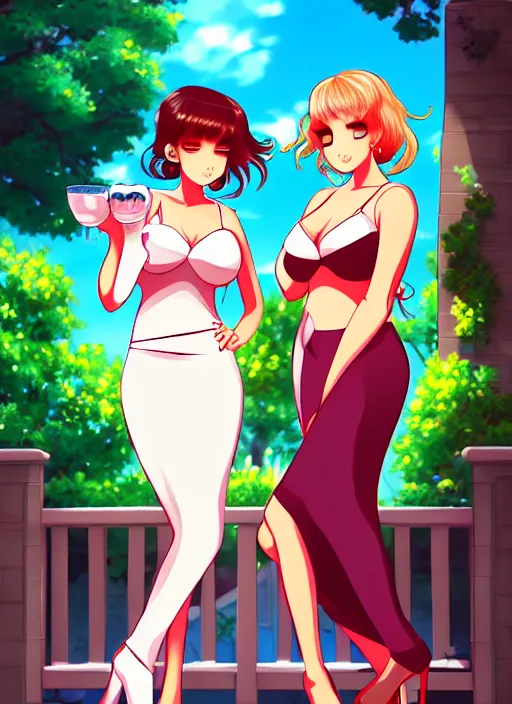 Prompt: two beautiful housewives outside on a hot summer evening, gorgeous faces, thick lines, cinematic lighting, detailed anime art