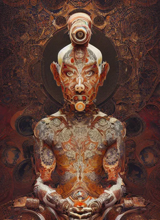 Image similar to portrait of a meditating machine monk cyborg wrapped in sacred scrolls, imari, fractal, in the style of the matrix, intricate ornaments, elegant, highly detailed, digital photography, subsurface scattering, by jheronimus bosch and greg rutkowski,