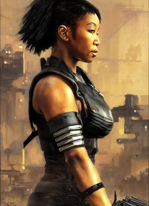 Image similar to black chun li. cyberpunk blackops hacker in a military vest ( blade runner 2 0 4 9, cyberpunk 2 0 7 7 ). orientalist portrait by john william waterhouse and james gurney and theodore ralli and nasreddine dinet, oil on canvas. cinematic, hyper realism, realistic proportions, dramatic lighting, high detail 4 k