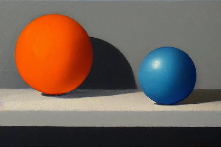 Image similar to An oil painting of an orange sphere on top of a blue cube sitting on a white table, dramatic lighting, hyper-realistic, extremely high detail, artstation