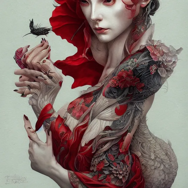 Image similar to ultra realistic illustration, beautiful ethereal woman dressed in red kimono, backview, tattoos, in the style of peter mohrbacher by weta digital and beth cavener, high face symmetry, intricate, masterpiece, award winning, high face symmetry, intricate