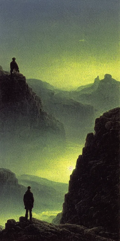 Image similar to small male figure in epic foggy mountainscape, expansive view, dozens of thin glowing straight lines extend from ground into the sky, by Caspar David friedrich