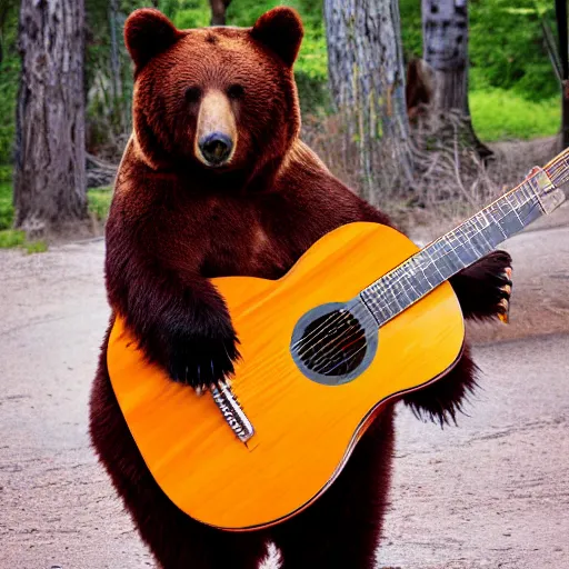 Image similar to a photograph of a bear poorly cosplaying as a bear, he is holding a guitar, vivid color, 50mm