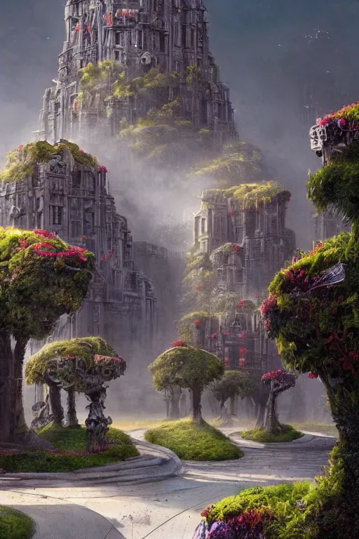 Image similar to cinematic fantasy landscape, brutalist Aztec architecture, manicured gardens and topiary by Jessica Rossier and HR Giger