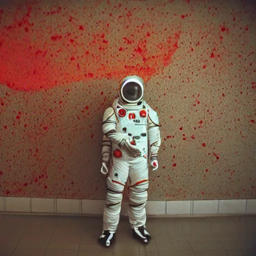 Image similar to lomo photo of reptilian in spacesuit staying in front of abandoned hospital, red splatters on the walls, dark, moody, foggy, gloomy