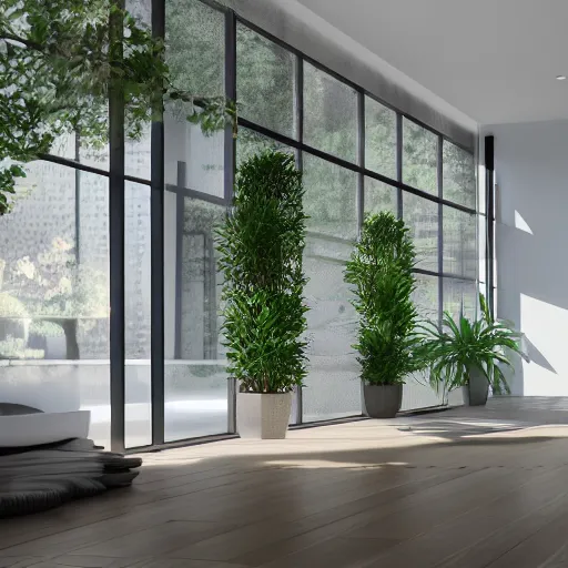 Image similar to a modern indoor room, clean architecture, some plants, peaceful, 8K octane render