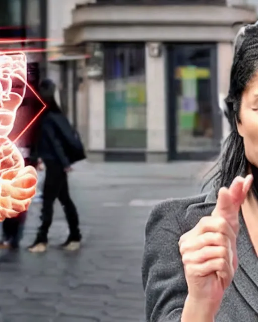 Prompt: Woman with a massive brain emitting 5G waves onto passersby