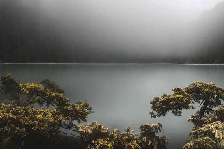 Image similar to a lake with mountains and a foggy forest in the background 50mm, hyperrealistic, moody, dark, ultra detailed, highly detailed, cinematic, dynamic lighting