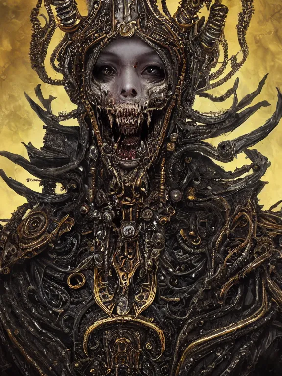 Image similar to portrait art of 8k ultra realistic undead eldritch horror corrupted lich queen, ornate gold crown , detailed intricate ornate armour,decaying, cybernetic, full of colour, cinematic lighting, battered, trending on artstation, 4k, hyperrealistic, focused, extreme details,unreal engine 5, cinematic, masterpiece, art by ayami kojima, giger