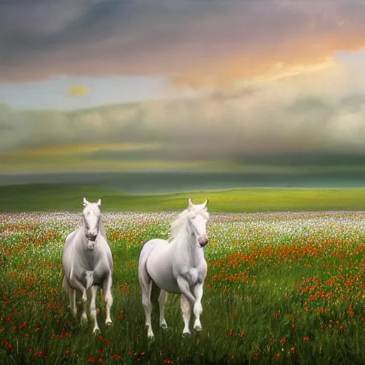 Image similar to ultra wide angle landscape portrait :: six muscular photorealistic white horses run wildly in the wind across a vast field of poppies at twilight :: styles by John Frederick Herring, Susan Crawford, Rosa Bonheur, Jacques-Louis David, and John Collier :: matte painting, ultra-realistic, laser sharp, 8K, Octane Render, Unreal 5, volumetric twilight, cinematic, God light shafts