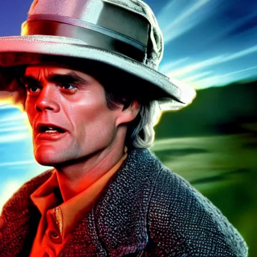 Image similar to stunning awe inspiring jim carrey as doc brown in the movie back to the future, movie still 8 k hdr atmospheric lighting