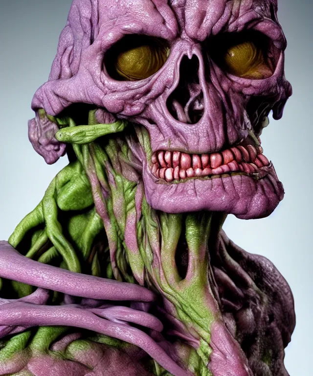 Image similar to hyperrealistic rendering, cronenberg flesh monster skeletor by art of skinner and richard corben and jeff easley, product photography, action figure, sofubi, studio lighting, colored gels