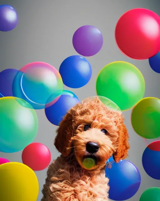 Image similar to stock photos of a golden doodle puppy chasing after giant soap bubbles in a studio