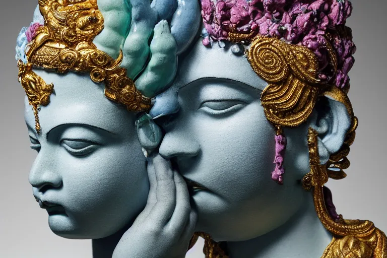 Prompt: full head and shoulders, beautiful female, colourful porcelain sculpture, hindu god, with lots of ornate gold leaf, attached to head by daniel arsham and james jean, on a white background, delicate facial features,