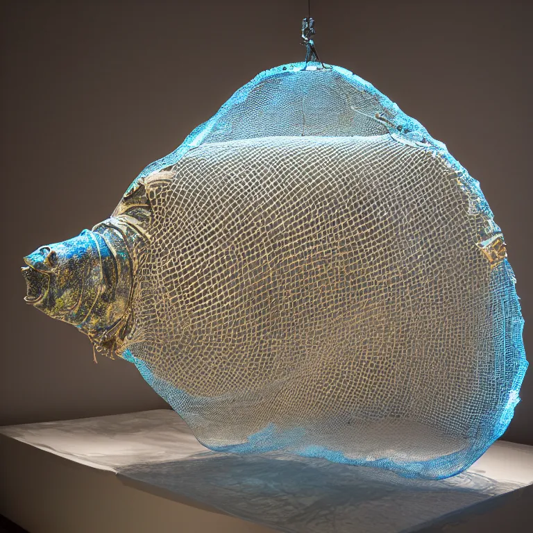 Image similar to hyperrealistic sculpture of a bronze fossilized flounder isopod in a large mesh cage made of blue nylon wire and latex on a pedestal by ron mueck and duane hanson and lee bontecou, hyperrealistic dramatic colored lighting trending on artstation 8 k