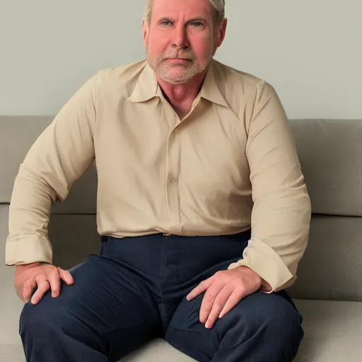 Prompt: full body photo of steve, mature male, mysterious face. he is a doctor. he is sitting gracefully on a sofa, elegant fat beige shirt. he has enormous belly