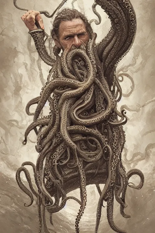 Image similar to portrait of an old fisherman with tentacles growing on him, eldritch, d & d, face, fantasy, intricate, elegant, highly detailed, digital painting, artstation, concept art, smooth, sharp focus, illustration, art by greg rutkowski