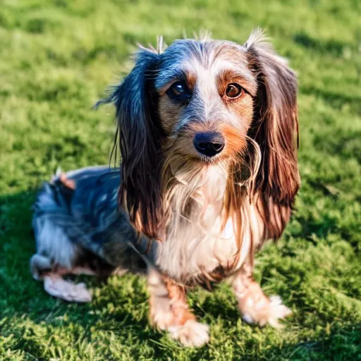 Prompt: a cute mutt who is half long haired dachshund and half shih tzu, brindle, laying under a tree on a farm, golden hour, promised land