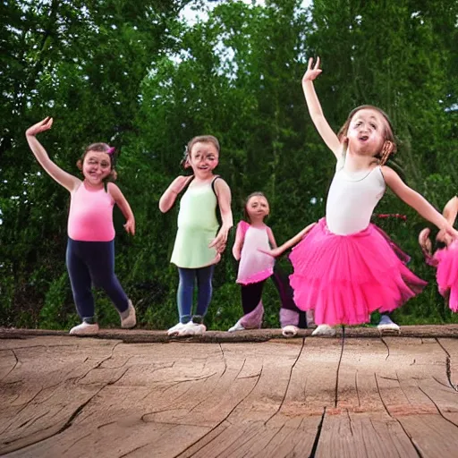 Prompt: group of tiny girls dancing around the rim of a toilet bowl. Perspective photograph