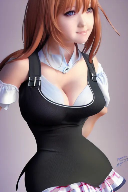 Image similar to photorealistic 3 d render of of an impossibly curvy anime girl wearing a schoolgirl outfit, by artgerm and earl norem, featured on pixiv, booru, exaggerated proportions, high resolution digital art, 4 k, beautiful symmetric face, subsurface scattering, volumetric lighting, realistic skin texture