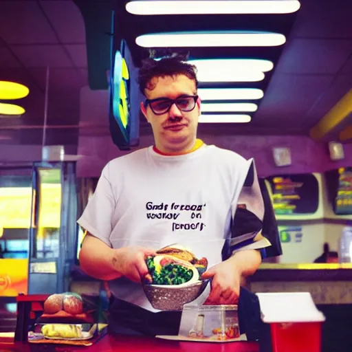 Prompt: god zeus portrait working in a fast food restaurant, in a cinematic cyberpunk style, 3 5 mm