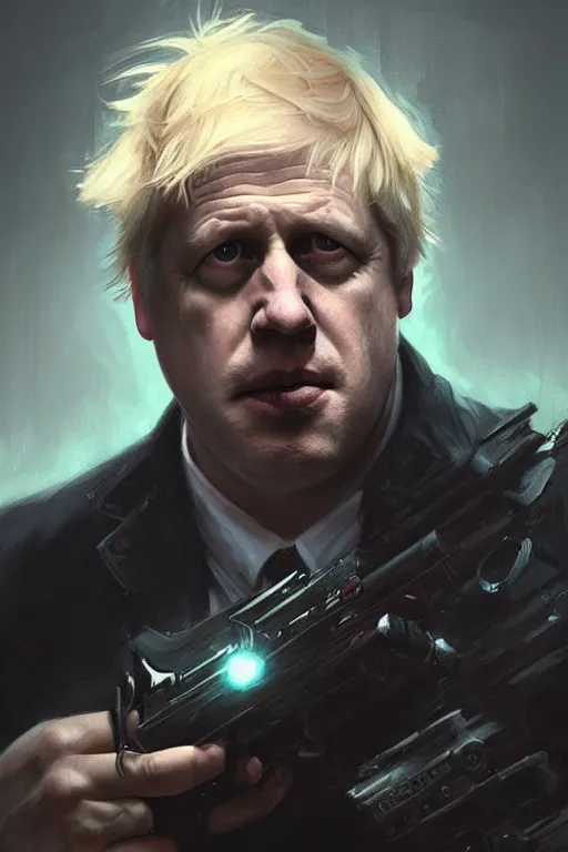 Image similar to Boris Johnson as Punisher, portrait, highly detailed, digital painting, artstation, concept art, sharp focus, illustration, cinematic lighting, art by artgerm and greg rutkowski and alphonse mucha