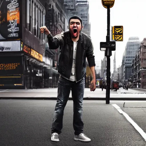 Prompt: broadway play poster of a young angry man screaming in the middle of street, high definition, highly detailed, photo-realistic, unreal engine render, 16k,