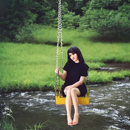 Prompt: scene dua lipa as nendoroid on the swing as nendoroid by the rural stream, kodak film