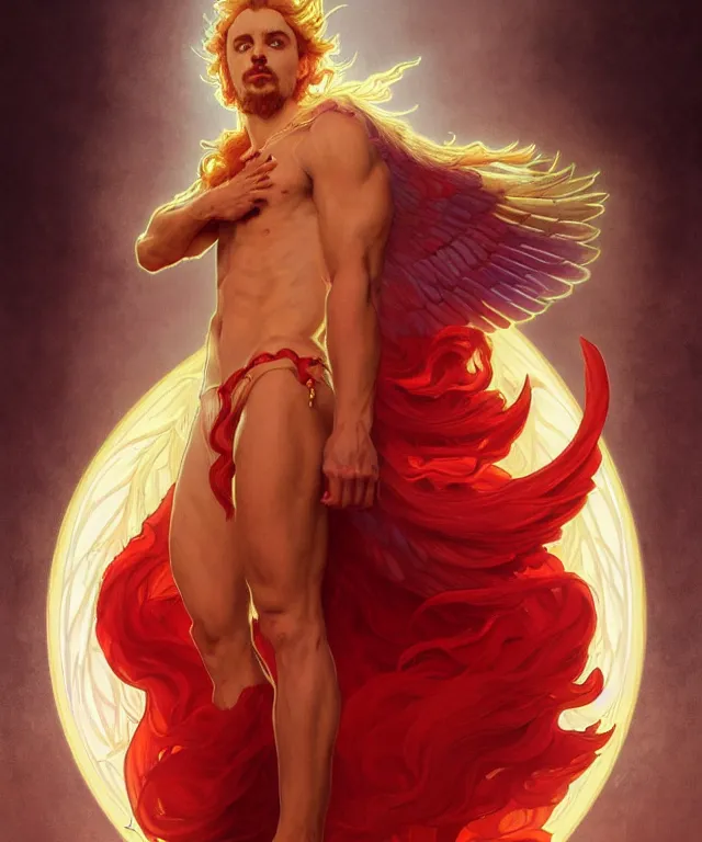 Prompt: symmetrical fullbody portrait of a beautiful young fit male angel with curly blond hairs, full dressed in long fluent red clothes, majestic big demon wings, luminous fire halo, by greg rutkowski and alphonse mucha, gradient white to gold, in front of an hellish background, highly detailed portrait, digital painting, artstation, concept art, smooth, sharp focus illustration