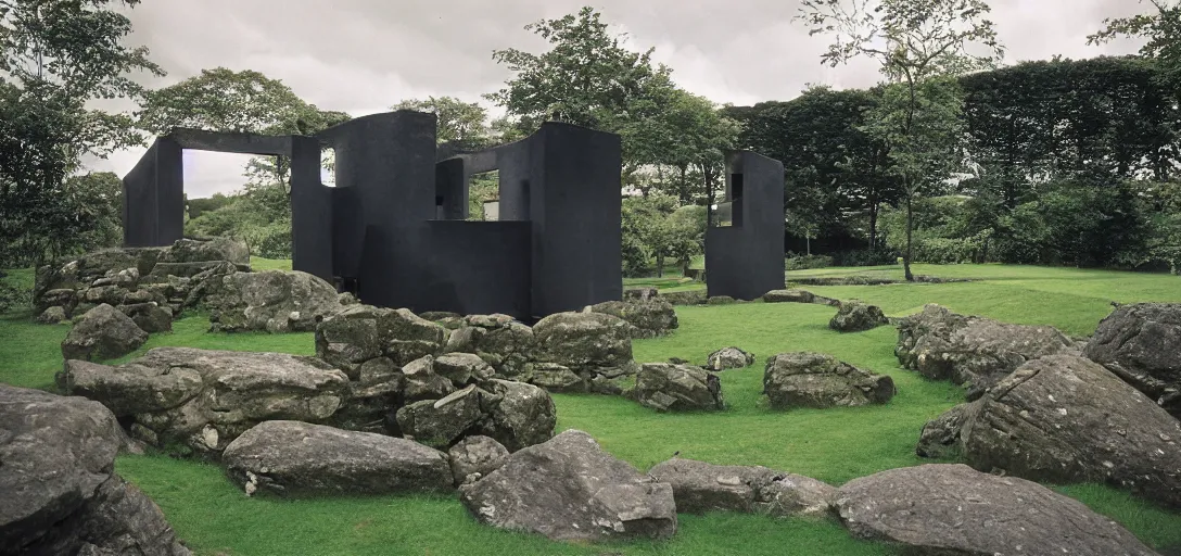 Prompt: scottish blackhouse designed by le corbusier. outdoor landscaping designed by roberto burle marx. fujinon premista 1 9 - 4 5 mm t 2. 9. portra 8 0 0.