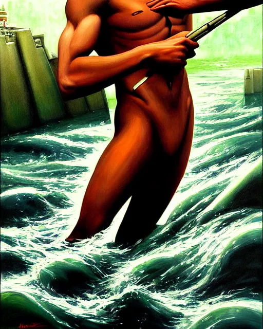 Prompt: a painting of a beautiful man in the river, an ultrafine detailed painting by howard chaykin, by mark brooks, centered full body, featured on deviantart, fantasy art, detailed painting, deviantart, anime