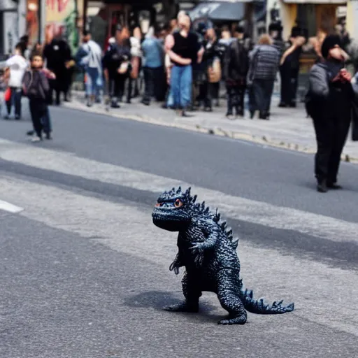 Prompt: small Godzilla walking down a street full of people