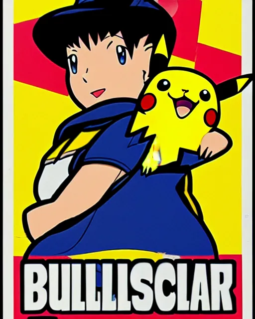 Image similar to an advertising poster of a pokemon trainer with pikachu in the style of the spanish bullfighting posters