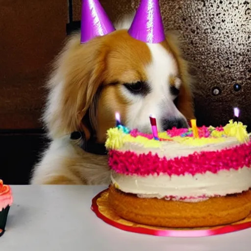 Prompt: a dog eating a birthday cake