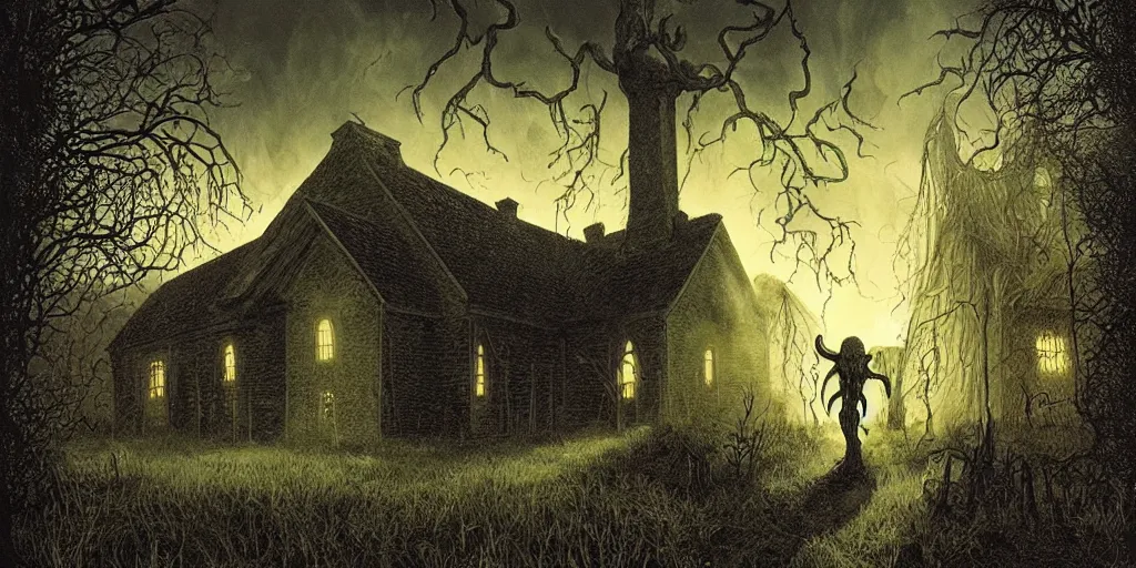 Image similar to a spooky farmhouse, tense horror atmosphere, rural village, cthulhu mythos, by michael whelan