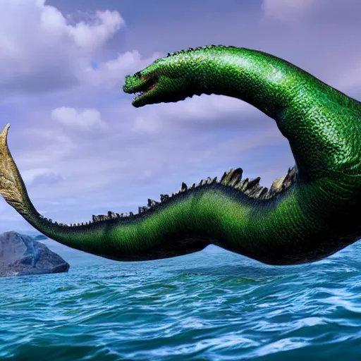 Prompt: photorealistic 3D lochness monster and mermaid
