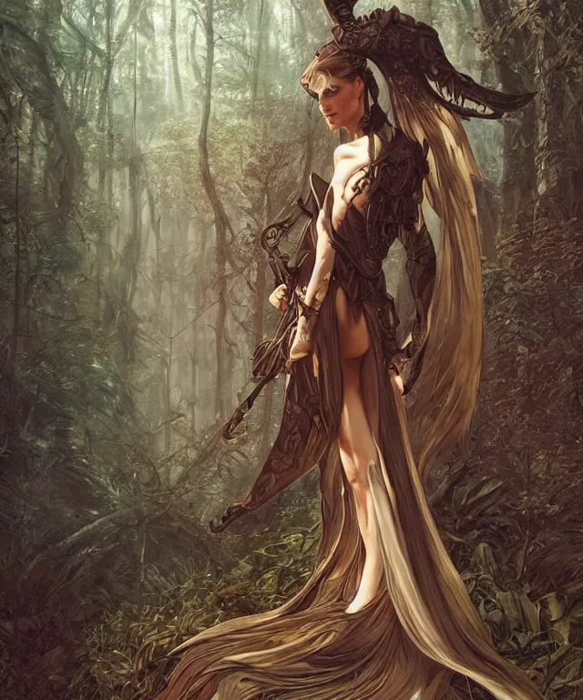 Image similar to epic full body portrait of Nicolas Cage fantasy, intricate, elegant, highly detailed, digital painting, artstation, concept art, smooth, sharp focus, illustration, deep forest on background, art by artgerm and greg rutkowski and alphonse mucha,