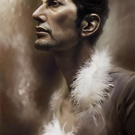 Prompt: hyperrealistic portrait of a man as jeff goldblum posing to noir moon in a white swan dress wearing sapphire jewellery with long feather collar by jeremy mann and alphonse mucha, fantasy art, photo realistic, dynamic lighting, artstation, poster, volumetric lighting, very detailed faces, 4 k, award winning