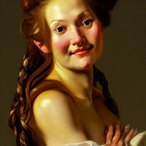 Image similar to Facial portrait of a cute shy woman, looking away from the camera, seductive smile, sparkle in eyes, lips slightly parted, long flowing hair, no hands visible, intricate, extremely detailed painting by Jan Steen and by Greg Rutkowski and by Moebius, golden hour
