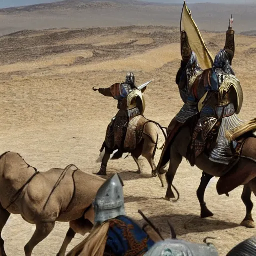 Prompt: the rohirrim riding into battle on camels at minas tirith