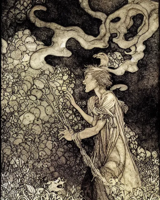 Prompt: a person conjuring!!! an image!!! from a cloud of noise!!!, by arthur rackham, maxfield parrish, and larry elmore, intricate, chaotic, fantasy realism, hopeful, volumetric lighting